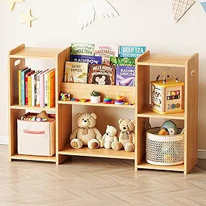 SpaceAid 6-in-1 Bookshelf Storage Organizer, Montessori Bookcase for Toddlers, Wooden Book Rack Shelf Cabinet Furniture for Kids Rooms, Playroom, Nursery and Classroom, 45.6 Wide, Natural