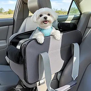 PETSFIT Multipurpose Center Console Dog Car Seat, Airline Approved Dog Car Carrier with Safety Tether and Pockets, Portable Cat Car Seat, Dog Car Seats for Small Dogs, Cats Up to 9 LBS (Deep Grey)