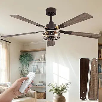 52 Inch Ceiling Fans with Lights and Remote, Farmhouse Caged Flush Mount Ceiling Fan with 6 Speeds Bladeless for Living Room Bedroomm, E12 Base, Quiet and Reversible DC Motor, Walnut
