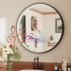 26 Inch Bluetooth Bathroom Mirror, Black Framed Round Vanity Mirror with Lights, Dimmable, 3000K/4500K/6000K, Anti-Fog, Built-in Dual Speaker, CRI 90+