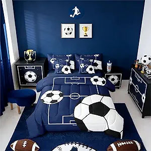 Erosebridal Football Bedding Set Twin Size 7 Pieces Boys Sports Theme for Teens Soccer Ball Pattern Bed in a Bag Football Court Comforter Set with Sheets Playground Blue White for Kids Girls