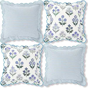 Breling Set of 4 Blue Green Scalloped Block Print Pillow Covers Blue Stripped Coastal Pillow Cover 18 x 18 Inch Vintage Floral Throw Cushion Cover for Summer Gift Couch Patio Bedroom Living Room Home