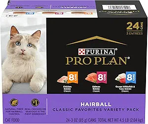 Purina Pro Plan Hairball Control Cat Food, Wet Cat Food Variety Pack, Hairball Control Entrees - (Pack of 24) 3 oz. Cans