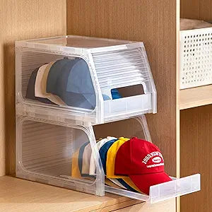 Modi Studio 2 Pack Hat Organizer for Baseball Caps - Patented One-Handed Auto-Open Gate, Stackable Clear Hat Storage Box, Baseball Cap Organizer, Hat Holder Display Case, Holds Up To 12 Hats Per Box