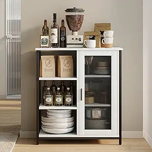 LVSOMT Mini Coffee Bar Cabinet for Home Kitchen, 27.5'' Coffee Stand Station with Adjustable Shelves & Door, Farmhouse Sideboard Buffet for Small Space, Dining Room, Living Room, Industrial White