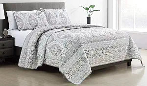Grand Linen 3-Piece Quilt Set, Queen Size, Aqua Blue Green