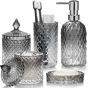 Bathroom Accessories Set, 5Pcs Gradient Glass Bath Accessory Sets Complete, Glass Bathroom Accessories with Soap Dispenser, Soap Dish, Toothbrush Holder, Qtip Holder
