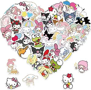Cute Sanrio Cartoon Stickers for Kids Water Bottle 50pcs Pack, Kawaii Hellokitty Mymelody Kuromi Waterproof Vinyl Stickers for Teen Girl Adult Laptop Skateboard Bike Guitar Laggage Bicycle Travel Case