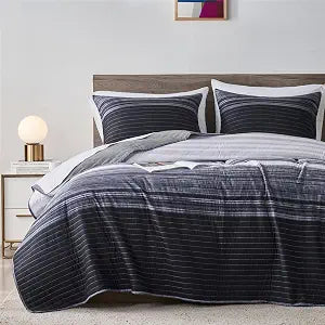KAKIJUMN Striped Full/Queen Quilt Bedding Set, Soft Bedspread, Grey