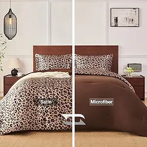 MR&HM Queen Comforter Set Brown Leopard, Reversible Satin Microfiber Comforter Set for All Seasons, 3 Pieces Non-Slip Silky Soft Bedding Sets with 1 Comforter (90"x90") and 2 Pillowcases (20"x26")