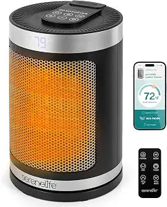 SereneLife Smart Space Heater 1500W Indoor Electric Heater with Thermostat, Remote Control, 12-Hour Timer, Wi-Fi Enabled PTC Ceramic Heating for Home and Office, Black (5.9" x 5.9" x 9.5")