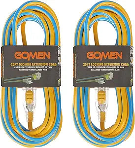 GOMEN 25 ft Extension Cord with Lighted Locking End - 14 AWG Gauge - 14/3 SJTW Heavy Duty for Outdoor/Indoor, 3 Prong Plug, Blue/Yellow Weather Resistant Jacket, for Major Tools and Appliances, 2 Pack