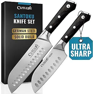 Cutluxe Santoku Knife Set 7" Chopping Knife and 5" Vegetable Knife Multipurpose Kitchen Knives High Carbon German Steel, Full Tang & Ergonomic Handle Design Artisan Series