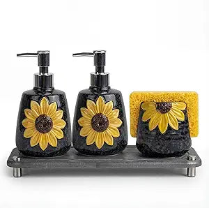 4 Pcs Sunflower Kitchen Decor Ceramic Soap Dispenser Set Comes with Sponge Tray Instant Dry Tray Suitable for Kitchen Accessories Bathroom Decor Housewarming Gifts