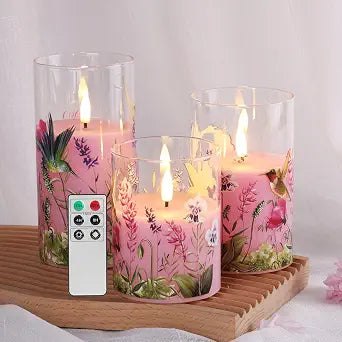 Pink Hummingbird Floral Glass Flameless Pillar Candles with Remote Set of 3