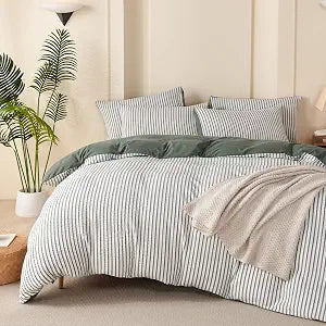 Green Queen Size Comforter Set Striped 100% Soft Washed Microfiber Jacquard 3 Pieces Striped Bedding Sets Green White Comforter Queen for All Seasons and 2 Pillowcases Comfort Breathable