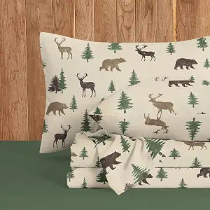 Wake In Cloud - Cabin Bed Sheets, 4-Piece Sheet Set, Rustic Lodge Western Country Bear Deer Wildlife Forest Theme Bedding, Deep Pocket, Green Brown, Queen Size