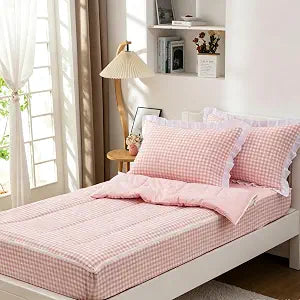 Aimuan Zipper Bedding Twin Zip Up Bedding Set Pink Checked Plaid 3 Pcs Zippered Bedding Twin Comforter Bed in a Bag with Fitted Sheet and 2 Pcs Pillowcases (Pink,Twin)