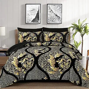 Anibedding Black Gold Comforter Set California King Size, 7 Pieces Bohemian Damask Comforter Set Soft Lightweight Microfiber Bedding Set for All Season (104"x96")