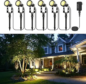 Zuske Outdoor Landscape Lighting, 6-Pack Outdoor Spot Lights with Transformer, Plug in LED Spot Lights for Garden, Yard, Backyard, Plants, Lawn, Trees, House, Flags, IP65 Waterproof Warm White