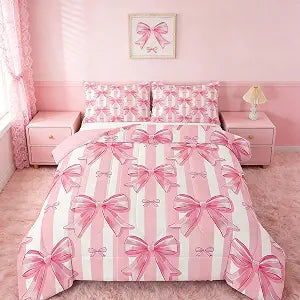 Feelyou Pink Bowknot Comforter Set,Dreamy Princess Bowknot Bedding Set Twin Size,Girls Bedroom Room Decor,Cute Bow Girly Comforter,Kawaii Geometric Bow-tie Bed Set for All Season