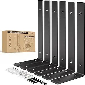 BATODA Pack 6 - 12''L Heavy Duty Shelf Brackets - L Shelf Brackets Black - Hook Brackets for Floating Shelves - Wall Mounted Support for DIY Open Shelving Shelving Mounting Hardware Included