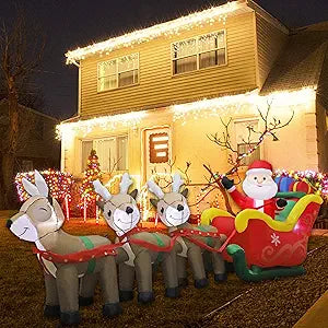 MorTime 9.5 FT Christmas Inflatable Santa Claus on Sleigh Pulled by Three Reindeers with Gift Boxes, Blow up Lighted Yard Decor for Outdoor Decorations