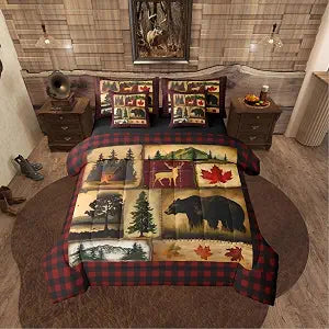 Erosebridal Bear Cabin Plaid 7 Piece Comforter Set Twin,Rustic Farmhouse Bed in a Bag,Retro Hunting Deer Bedding,Country Woodland Pine Tree Quilt Set,Maple Leaf Lodge Fitted Sheet,Red Black Brown