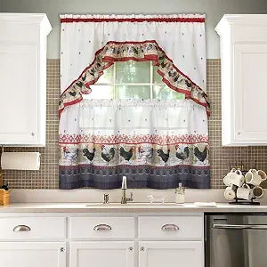 Printed Tier and Swag Curtain Set, 57 x 36 in, Rooster, Machine Washable
