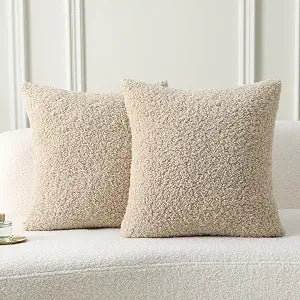FUTEI Beige Throw Pillow Covers 22x22 Inch Set of 2,Furry Faux Fur Teddy Boucle Textured Cushion Covers,Soft Fluffy Decorative Pillow Case,Home Decor for Couch Bed Living Room Office Car