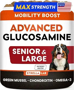 STRELLALAB Advanced Glucosamine Hip & Joint Supplement for Senior Dogs & Horses - Green Lipped Mussel & Collagen - Hip & Joint Pain Relief - Large & Small Breed - Joint Health - 120 Chews