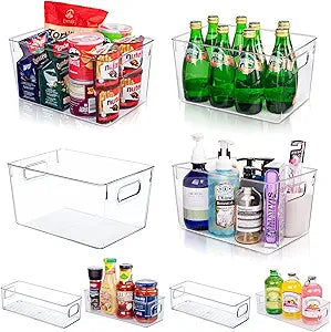 Clear Plastic Storage Bins-8 Pcs Pantry Organizers and Storage Containers with 4 Large (11"x8"x6") and 4 Small Snack Containers, Home Organization for Bathroom, Kitchen, Closet and Office