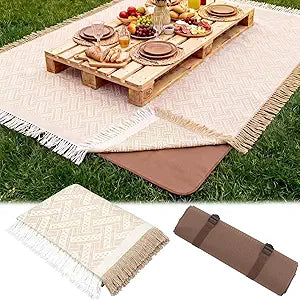 2 Pcs 102'' x 71'' Extra Large Outdoor Picnic Blankets Boho Blanket Beige White Waterproof Mat Woven Cotton for Summer Picnic Camping Beach Lawn Wedding Park Grass Music Festival Concert