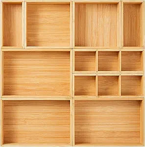 Fabsome Drawer Organizer, Set of 9 Bamboo Wood Kitchen Makeup Desk Junk Tea Drawer Storage Boxes Bins for Cutlery Silverware Utensils Flatware, Small Wooden Container Tray for Bathroom, Office
