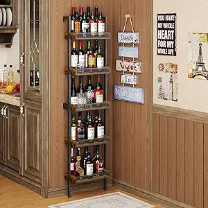 5-Tier Freestanding Wine Racks: 50 Bottles Wine Rack Shelf Wall Mounted with Fences, Wines Bottle Holder Display Shelf, Liquor Storage for Kitchen, Dining Room, Bar, Wood, 17.28''L x 7.95''W x 68.5''H