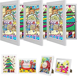 3Pack Kids Artwork Frames - Changeable, Front Opening Holds 150, 8.5x11 White Rows Children's Art Frame for Storage and Display