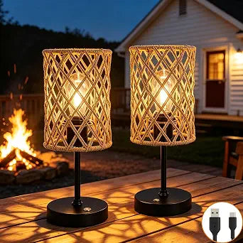 Rechargeable Outdoor Patio Table Lamps, Set of 2 Cordless Battery Operated Portable Boho Rattan Table Lights, for Covered Porch Balcony Garden Decor (Beige)