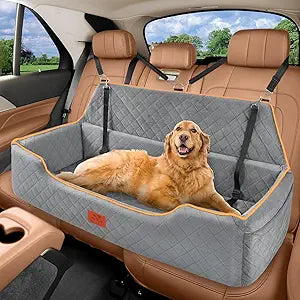 XIEEAOZEE Large Dog Car Seat for Dods Under 100 Lbs, Memory Foam Dog Car Bed for Backseat & Trunk, Detachable and Washable Cover, Pet Travel Seat with Storage Pockets, 2 Safety Belts