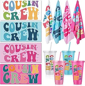 Patelai 8 Pcs Cousin Crew Gifts with 4 Large 27.6 x 59'' Beach Towel 4 Cousin Crew 24oz Cups with Lid and Straw for Summer Swimming Beach Lounge Cover Team My Cousins Gift Friendship Birthday Stuff