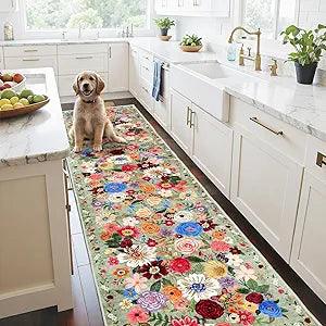 Floral Hallway Runner Green Carpet Non-Slip, 2x10 Washable Rug Ultra-Thin Soft for Hallways, Kitchen Mat Stain Resistant for Entryway Bathroom