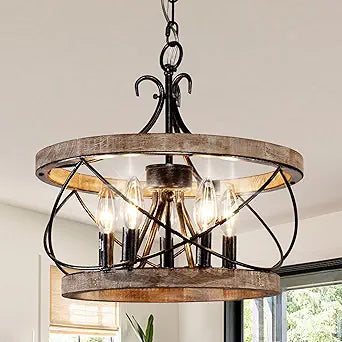 Farmhouse Wood Chandelier Light Fixture, 16 Inch Dining Room Light Fixture Over Table, 5-Light French Country Rustic Industrial Drum Chandelier for Kitchen Dining Room Entryway