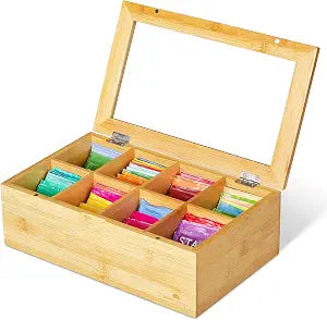 Big Natural Bamboo Tea Storage Organizer, Clear Acrylic Top, 8 Compartments