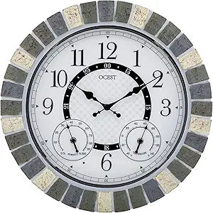 OCEST 18 Inch Outdoor Wall Clock with Night Light, Waterproof Thermometer & Hygrometer Combo, Battery Operated Silent Non-Ticking Large Patio Clock for Garden, Pool, Porch (Rustic Gray)