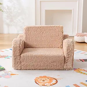 Kids Sofa for Toddlers 3-5, 2-in-1 Convertible Flip Open Chair and Lounger with Washable Cover, Soft Sherpa Couch for Girls Boys, Portable Fold Out Floor Chair for Playroom, Light Brown