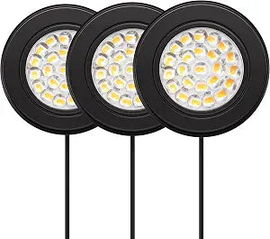 GETINLIGHT 2.5-Inch LED Puck Light Kit, 3-Pack, Plug-in, 3000K, Black