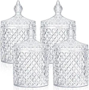 Aoriher 4 Pcs Crystal Glass Candy Jar Set with Lids Home Decorative Storage Jars for Apothecary, Bathroom, Kitchen, and Pantry, Ideal for Cotton Swabs and Jewelry(Large,Clear)