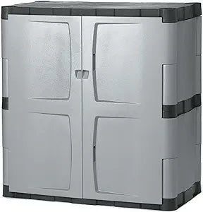 Rubbermaid Freestanding Storage Cabinet with Doors 18"D x 36"W x 37"H Medium Gray/Black Two-Shelf Lockable Cabinet for Indoor/Outdoor/Garage Storage for Garden Tools/Lawn Care Accessories