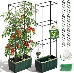 2 Pack 51" Self Watering Planter Box with Trellis, Tomato Planter Trellis for Raised Garden Bed, Tomato Cage with Visual Water Indicator, Indoor Outdoor Tomato Cages for Garden Patio