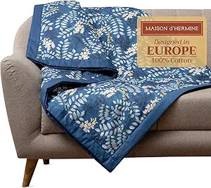 Maison d' Hermine Throw Blanket for Couch Lightweight Soft Warm Breathable Cotton Throw Blankets for Bed Girls Boys Women Men Gifts Room Spring Summer (Feuillage - Air Force Blue, 50'' X 60'')