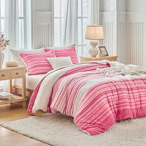 Shaggy Faux Fur Sherpa Comforter Set Twin Size 2 Piece Bedding Set, Reversible Plush Faux Fleece Pink White Stripe Ultra Soft Winter Duvet